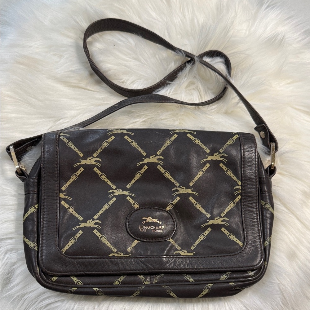 Longchamp Paris Leather Horse Logo Shoulder Bag Purse Brown Used Women's France